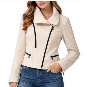 DKNY Cropped Wool Blend Moto Womens Jacket Cream  Color and Black Zippers Size 6